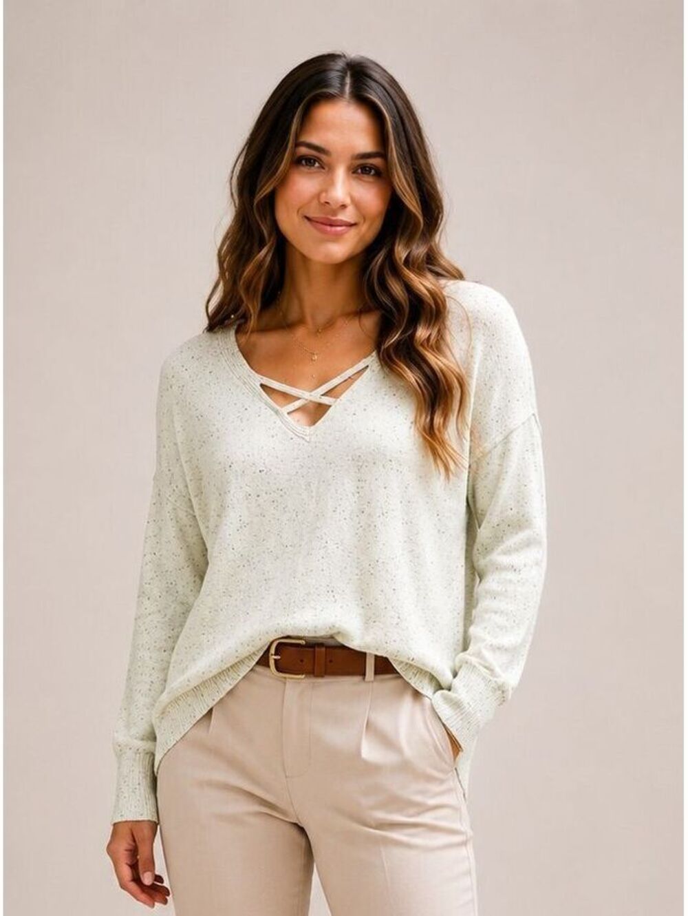 Poof New York Light Green Speckled Knit Pullover Sweater with Crisscross Neck